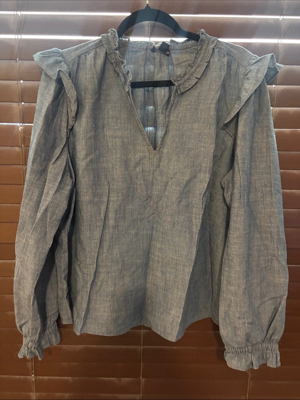 J. Crew Chambray Ruffled V-Neck Long Sleeve Blouse - Light Blue